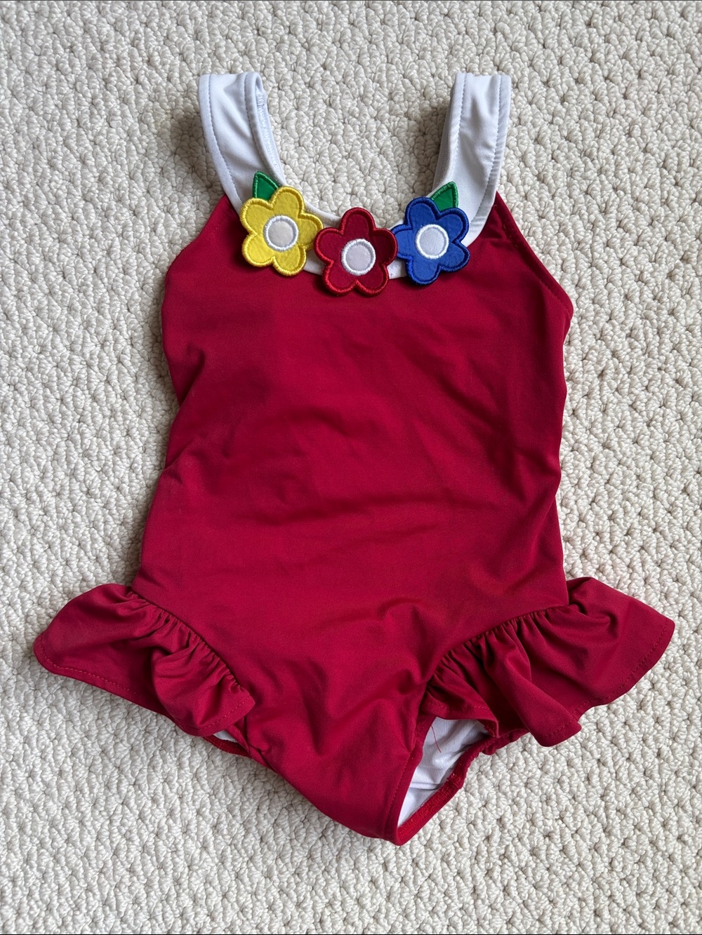 Girls' Red Floral Applique One-Piece Swimsuit